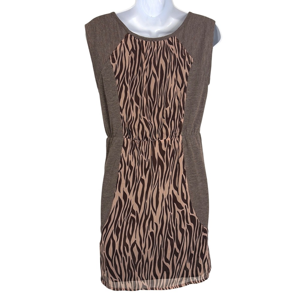 Theme Womens Zebra Animal Print Tunic Dress Mixed Media Brown Tan Short M - Picture 3 of 7